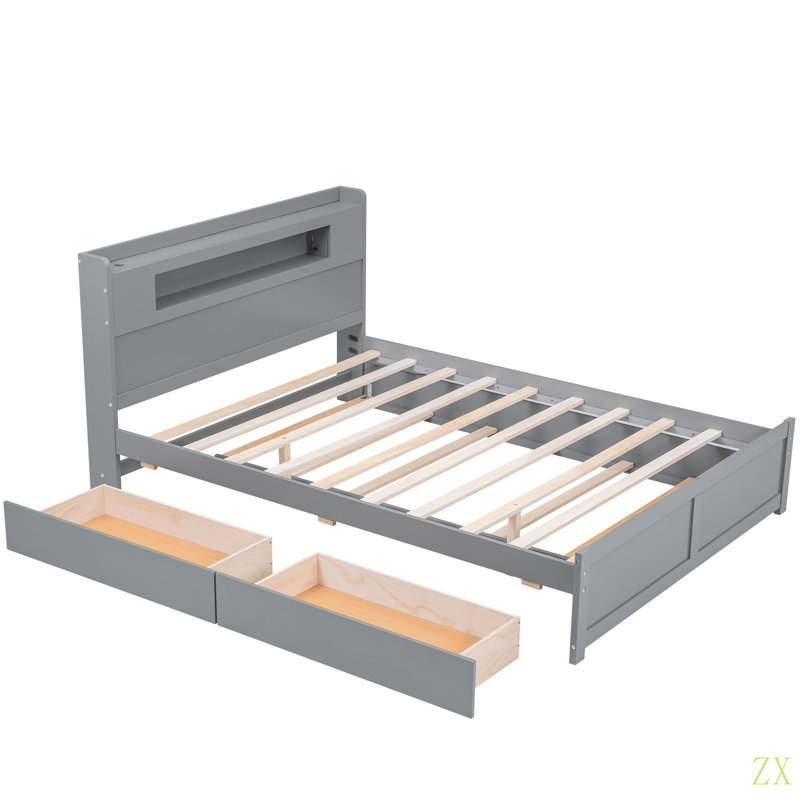 Queen Size Wood Storage Platform Bed With LED, 2 Drawers And 1 Twin Size Trundle, Gray