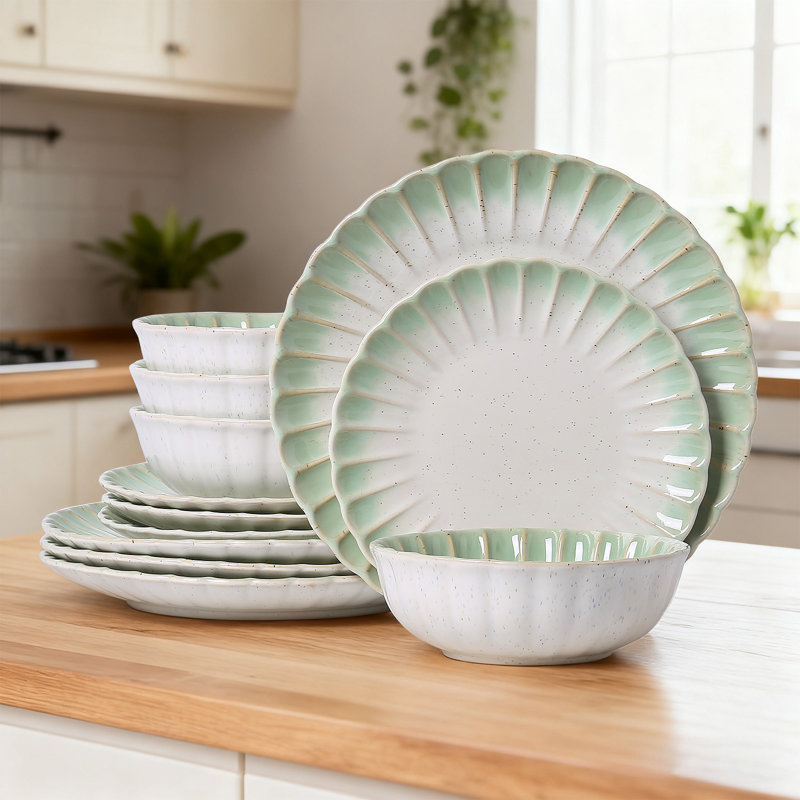  Petal French Country12 Piece Stoneware Dinnerware Sets, Service For 4, White/Green