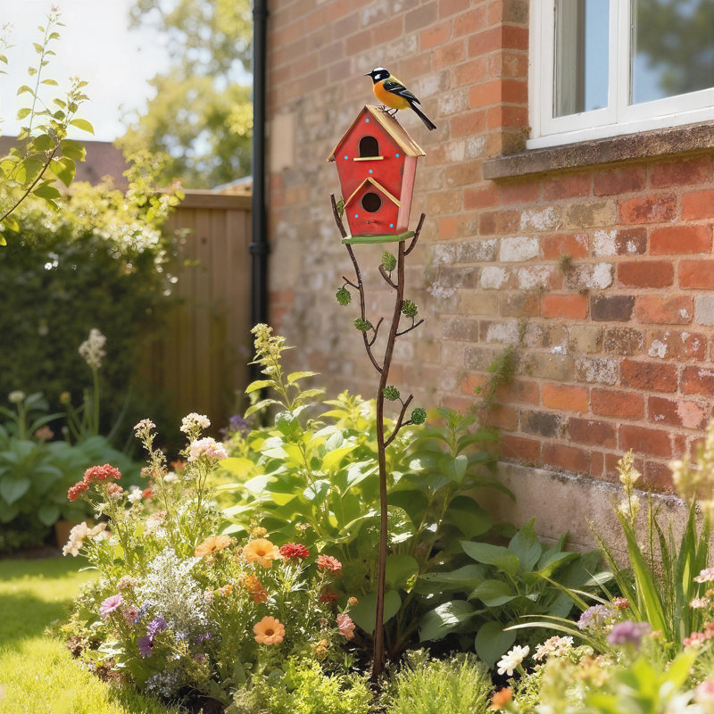 Maison d'oiseaux d'extérieur avec poteau, 57 po en métal, rouge