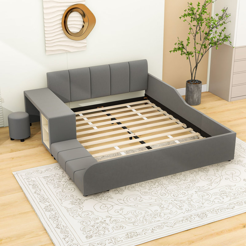 Lit plateforme en velours avec bureau Wakeeny, Grand, gris