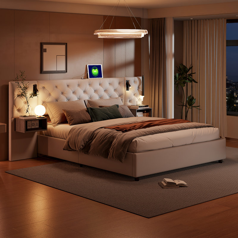 Beige Velvet Upholstered Ottoman Bed Frame with 2 Bedside Tables, Built-In USB Charging Ports, Lift-Up Storage, Double (4'6)