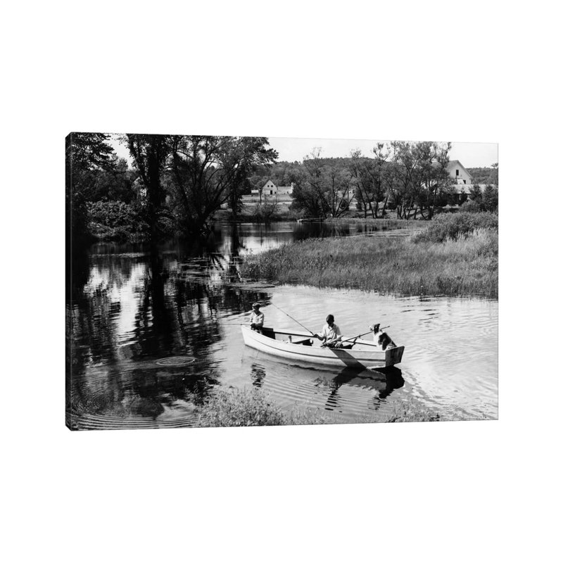 1930S-1940S Pair of Boys in Rowboat with Collie Fishing in Farm Area 1 Piece Wrapped Canvas Wall Art