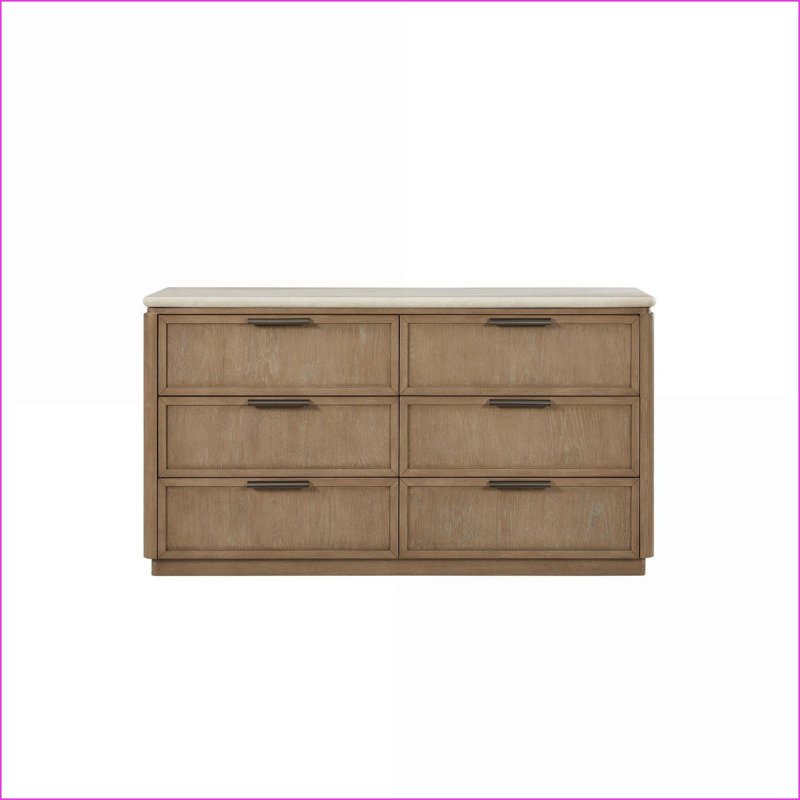 Commode transitionnelle moderne à 6 tiroirs avec plateau en pierre, tiroirs à panneaux en chêne - Caramel | Beige | Bois massif et panneau de fibres à densité moyenne