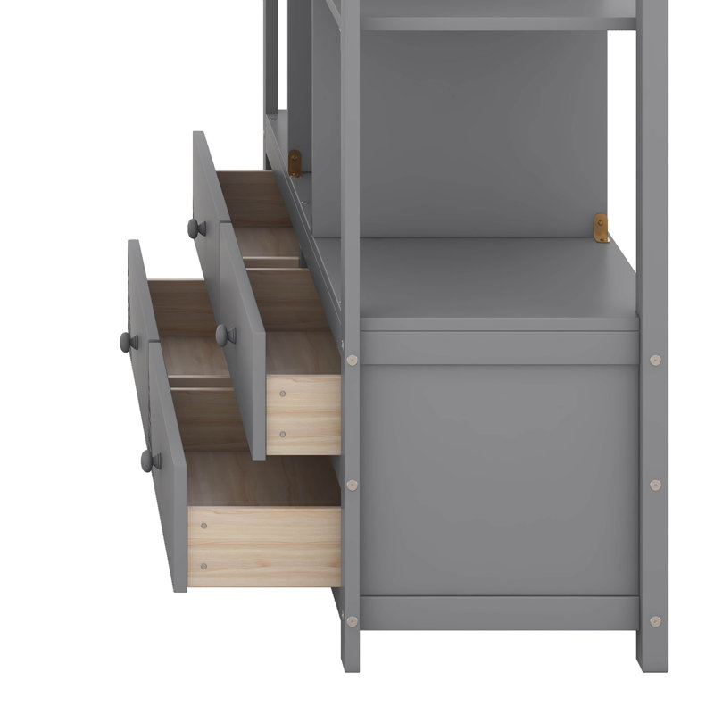 Lit mezzanine double avec bureau intégré, lit mezzanine peu encombrant avec deux tiroirs, tablettes et tiroirs de rangement, lit mezzanine pour enfants adolescents