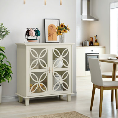Buffet, armoire de salle de bain autoportante avec portes en verre trempé, console de cuisine rétro moderne, armoire de rangement décorative à 2 portes