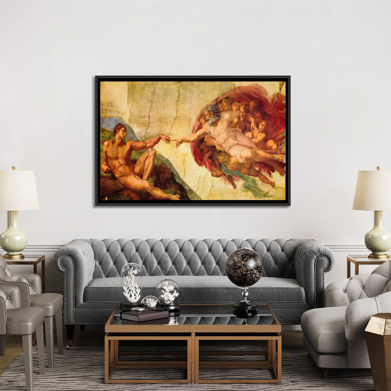 «Creation of Adam» par Michelangelo, reproduction sur toile tendue, H 32 po x l 48 po x P 1,5 po, Toile avec cadre noir