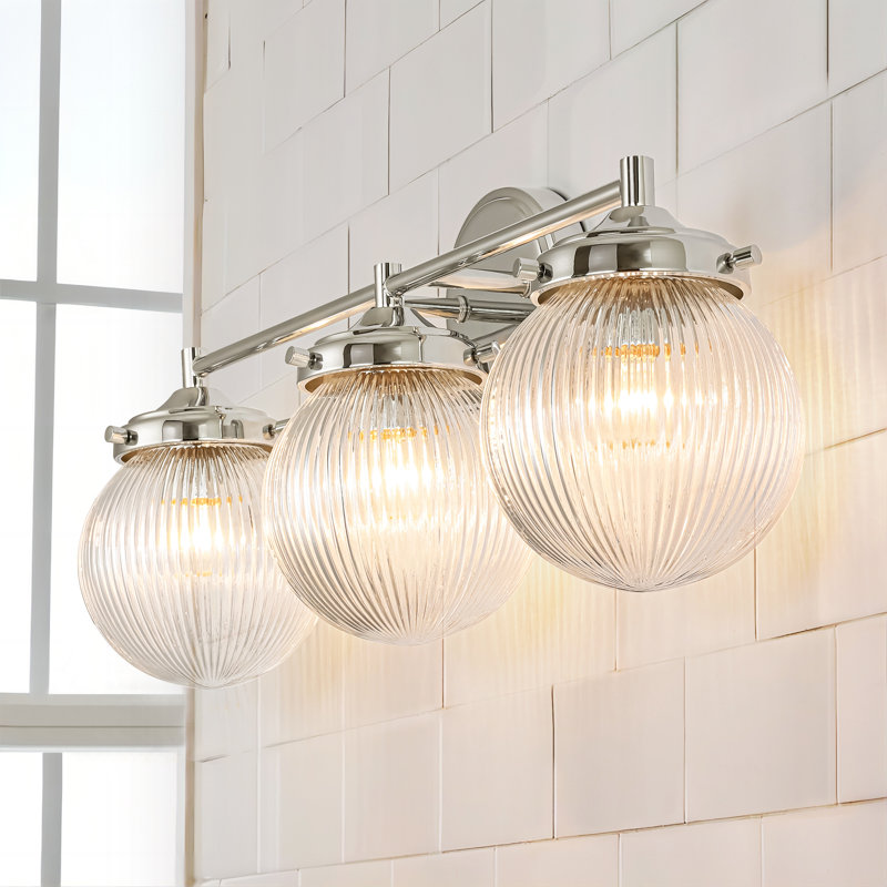 Markeice 3-Light Dimmable Sphere Globe Ribbed Glass Bathroom Vanity Light, Chrome