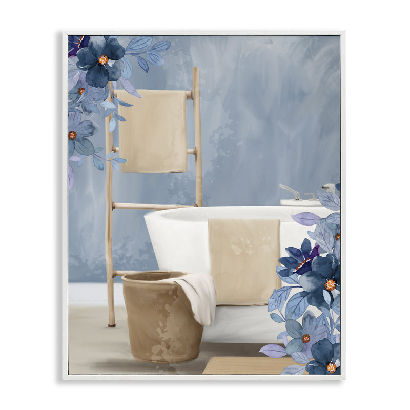 «Bathroom Blues», scène florale giclée, design par Kim Allen, H 14 po x l 11 po, Estampe numérique encadrée blanc bord de mer