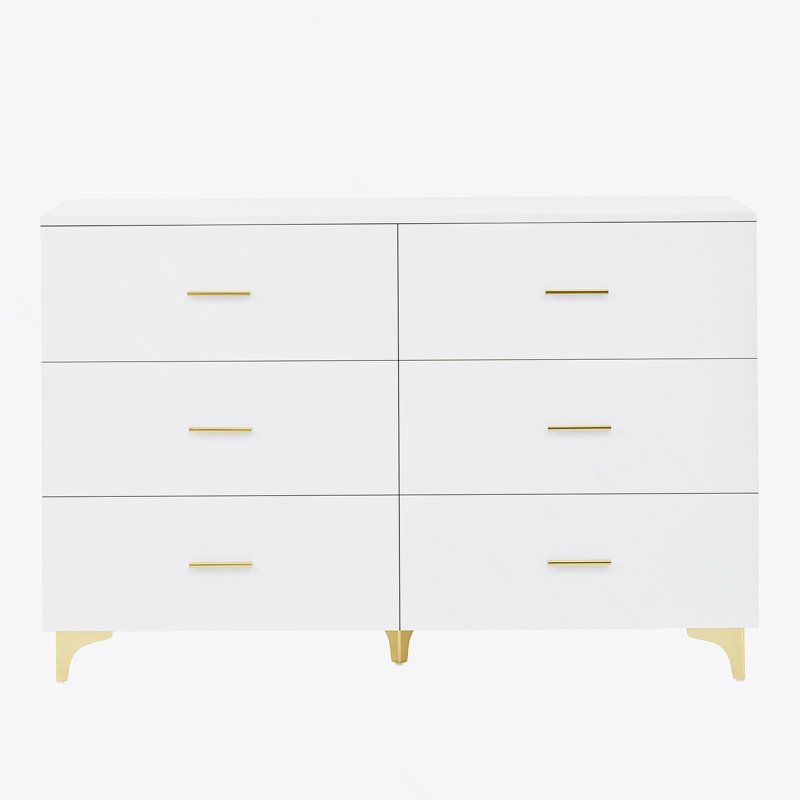 Six Drawers, Golden Straight Aluminum Handle, Golden Triangle Legs, White Locker