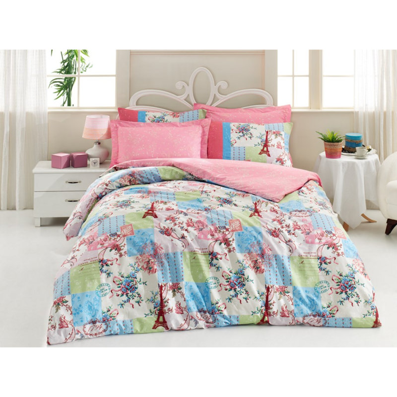 Ensemble de housse de couette 100% coton bleu / vert / blanc / rose Mont, Housse de couette double + 2 taies d'oreiller stan