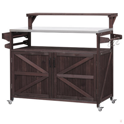 53.3" Outdoor Kitchen Island With Raised Shelf, Solid Wood Storage Cabinet With Stainless Steel Top, Outdoor Rolling Grill Cart With Internal Storage Rack, Adjustable Shelf, Spice Rack