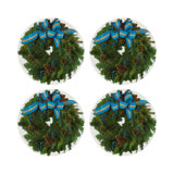 Christmas Wreath Tartan Green Vegan Leather Round Coasters