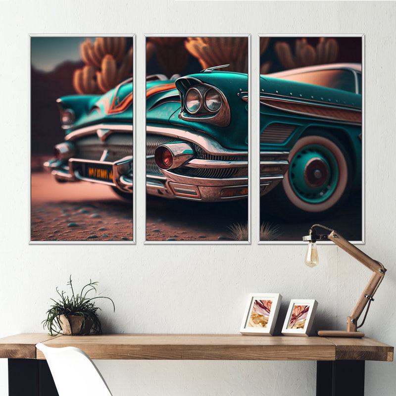 Gros plan d'une voiture rétro classique - impression sur toile 3 pièces, Cadre blanc, L 48 po x H 32 po