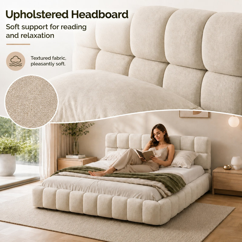 Upholstered Double Bed with Unique Mattress Design, White, Double (4'6)