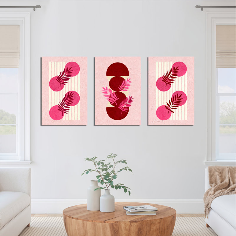 «Tropical Leaves and Abstract Shapes», reproduction d'art sur toile tendue, rose et rouge moderne (ensemble de 3)