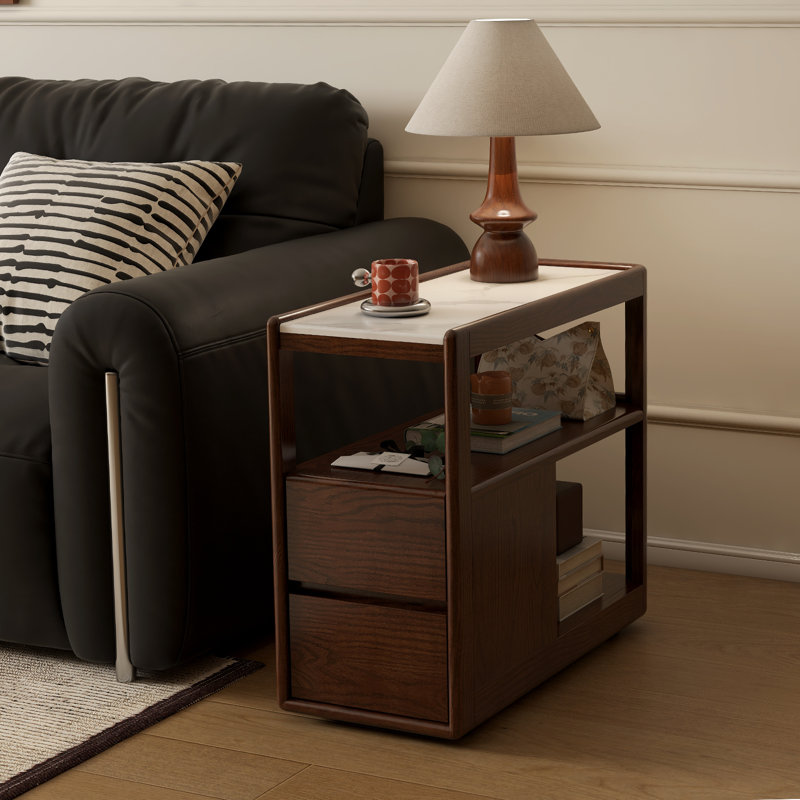 26.7"W Solid Oak Assembled Mobile Brown End Table with Sintered Stone Tabletop,Storage Shelve,Drawer,Wheels, Brown Oak