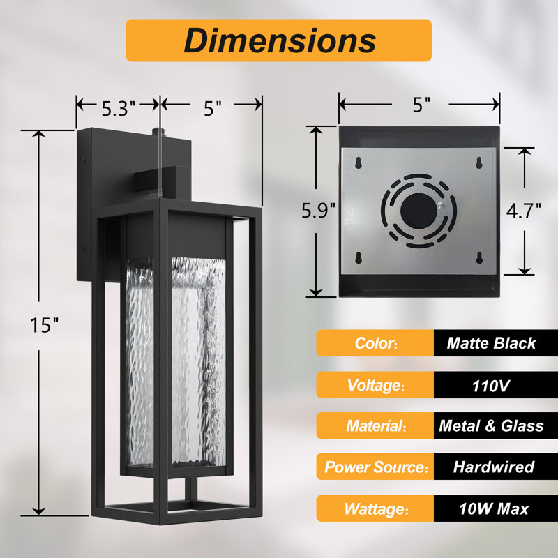 1 - Light 15''H Dimmable Led Black Iron and Water Ripple Glass Outdoor Wall Light with  Dusk to Dawn, 15" H x 5.31" W x 5" D
