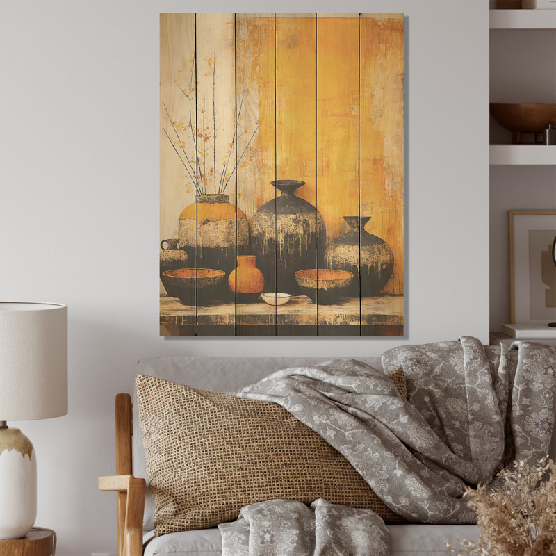Artistique de poterie jaune artistique I - Boho Pottery Wood, art mural sur bois de pin naturel, H 40 po x l 30 po