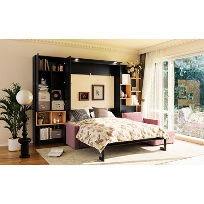 Queen Size Bed, Featuring A Comfortable , Storage System, And Dual Lights, Black & Pink For Small Rooms Wall - Mounted Bed With Shelves,