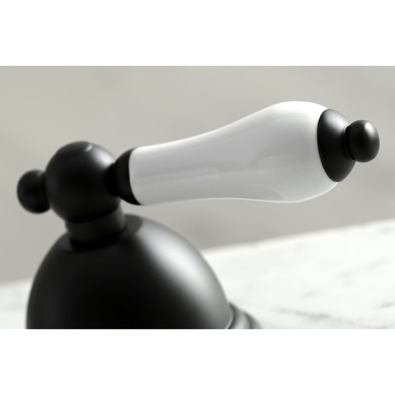 Kingston Brass Restoration Two-Handle 3-Hole Deck Mount Widespread Bathroom Faucet with Brass Pop-Up Drain, Matte Black
