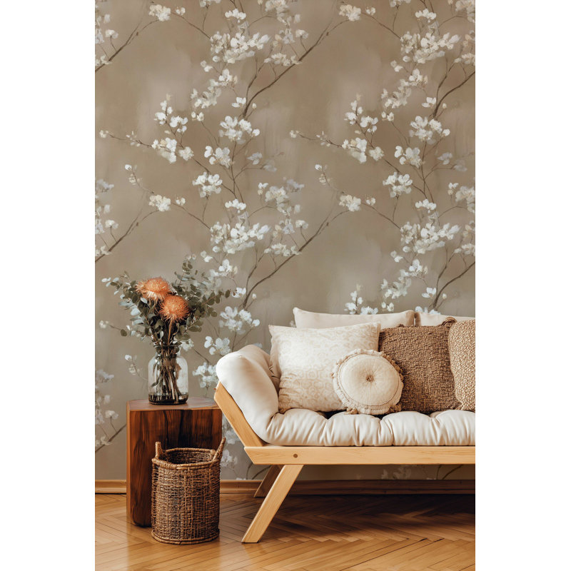 Papier peint floral beige avec branche de fleurs