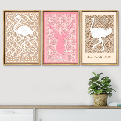 Animals " Paris Deer Flamingo Ostrich Pattern Animals Illustration Modern Art Rustic Group Whimsical " 3 - Pieces