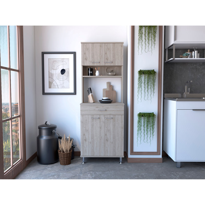 Bay Area Pantry, Two Door Cabinets, One Drawer, Four Adjustable Metal Legs, Light Gray
