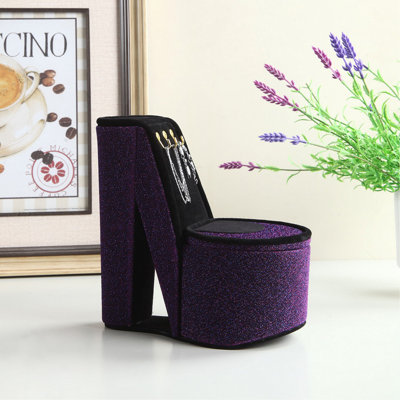 Boîte à bijoux haute 9 po avec crochets, chaussures à talons hauts, velours mauve
