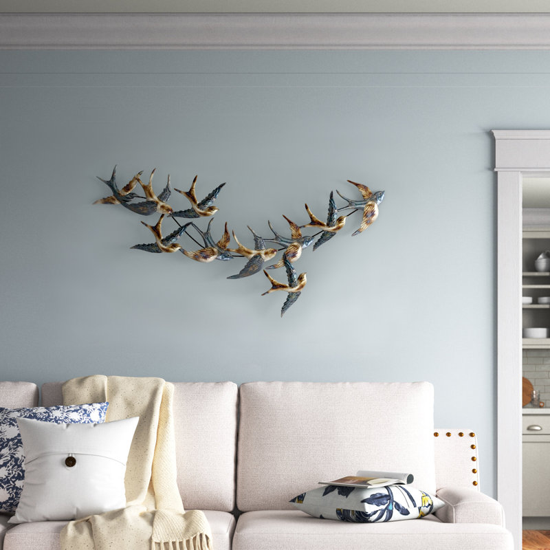Décoration murale vol d'oiseau en métal bleu
