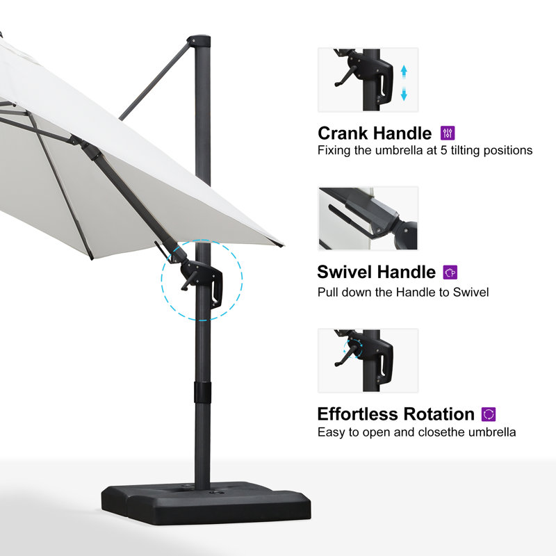 Rocshelle quare Right-left Tilt Cantilever Umbrella with Base and 360-degree Rotation, 100.32"H x 120"W x 120"D, White