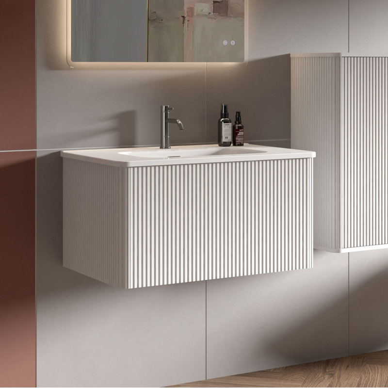 Meuble-lavabo mural simple pré-assemblé avec comptoir avec trop-plein 30 po Hannemarie, Blanc, Matte White, 30"