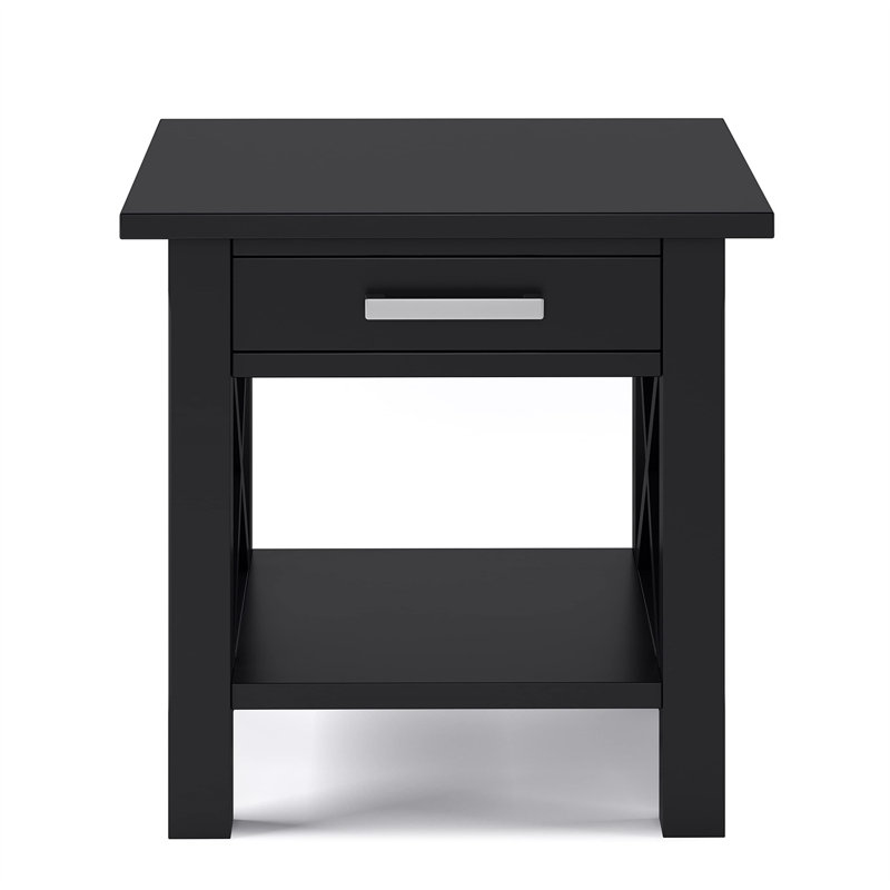 Kitchener Solid Wood Contemporary Narrow Rectangular End Table with Drawer, Open Shelf and X-Design, Hickory Brown