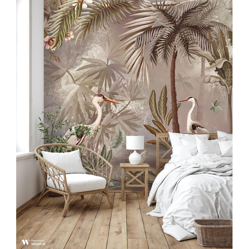 Papier peint Serene Tropical Oasis Herons And Palm Trees, L 117,96 po x l 131 po, Brun