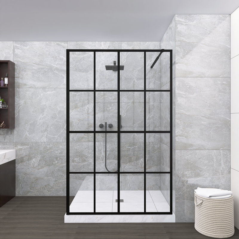 Écran de douche à accès fixe 46 po x 72 po, cloison de douche fixe à panneau humide, cadre en aluminium noir