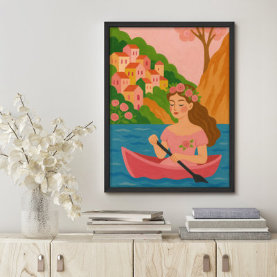 Whimsical Woman in Boat Framed Wall Art Print, Colourful Floral Landscape for Fun Living Room or Bedroom