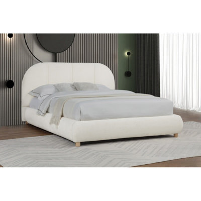 Grand lit moderne / contemporain ivoire en toile de jute doux, cadre de lit plateforme tapissier 1pc