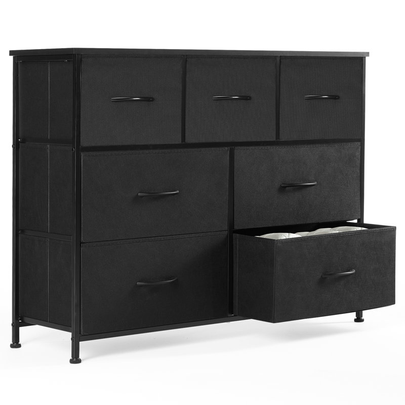 Commode moderne Verdi à 7 tiroirs en tissu, idéale pour le rangement dans la chambre à coucher., Noir, noir, noir, noir