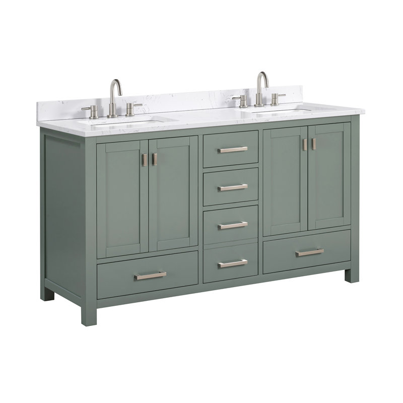 Modero 60" Double Bathroom Vanity with Top, Cala White, Brushed Nickel, Smoke Green