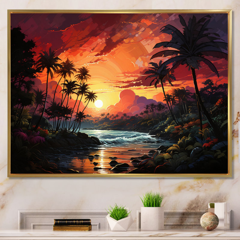 Palmiers sur un coucher de soleil coloré sur toile, Cadre flottant doré, H 34 po x l 44 po x P 1,5 po