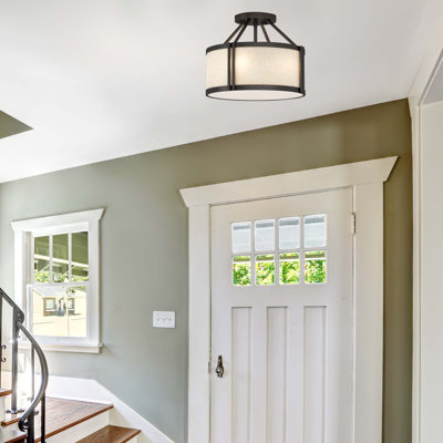  3-Light Indoor Antique Bronze Semi-Flush Mount Ceiling Fixture with Light Beige Linen Drum Shade and Frosted Lens Bottom