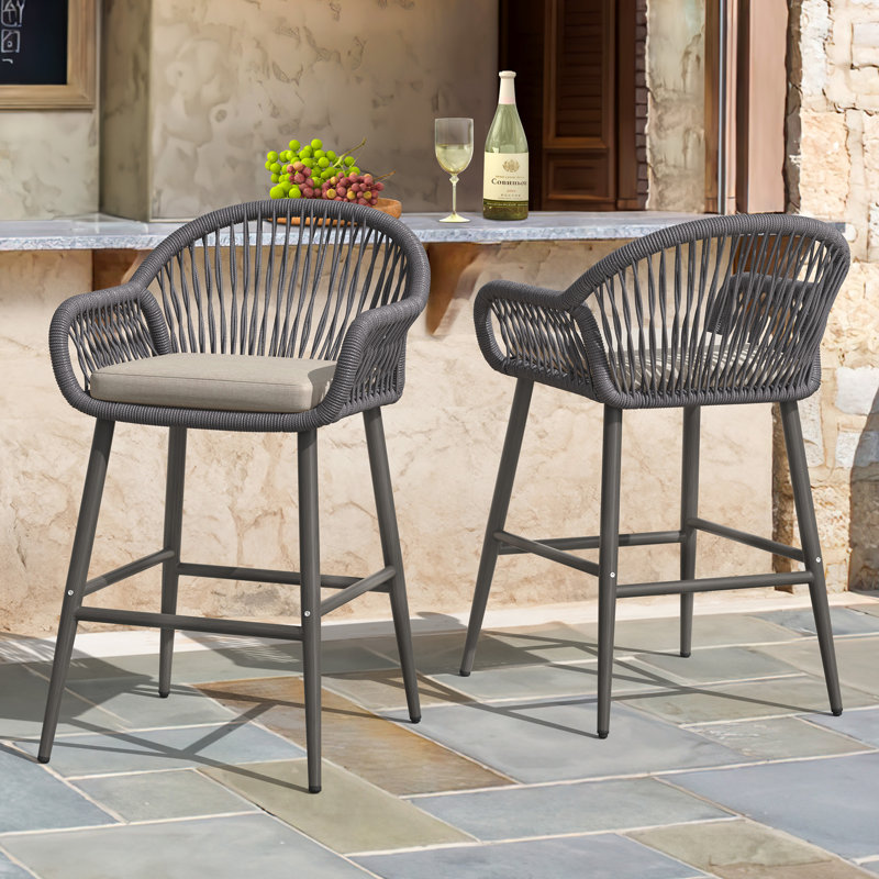Tabouret de bar extérieur en aluminium avec dossier en corde tissée, Gris ardoise, Gris clair