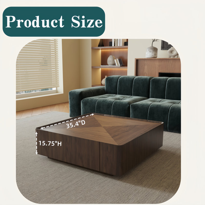 35.4” Single Walnut Square Coffee Table With Storage, 15.75”H x 35.43”W x 35.43”D
