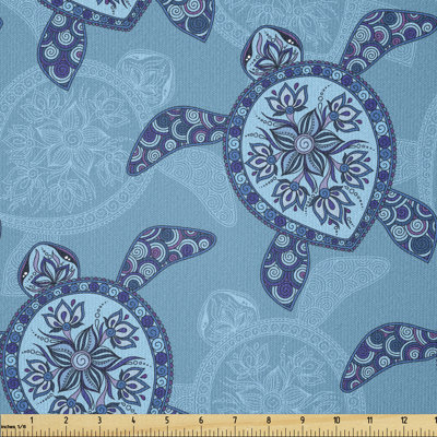 Crystiana Turtle Hand Drawn Lily Flowers Built-in Drop Shape Shell and Spiral Lines Multi-Purpose Fabric