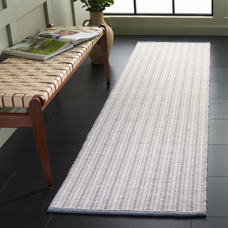 909 Hand Woven Cotton/Wool Striped Rug , Runner 2'3" x 8', Gray/Ivory