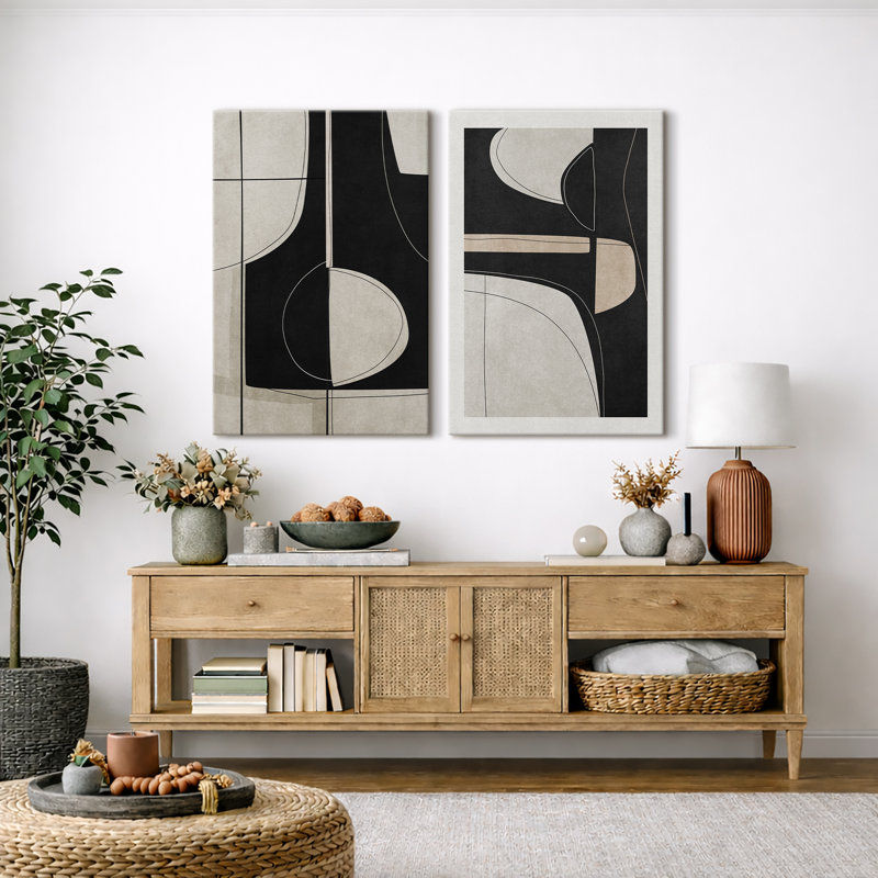 Mid Century Shape "Black Green Abstract Shape Artwork, Classy Minimal Contemporary Neutral Wall Pictures, Framed Canvas Giclée Print 2 Pieces Wall Art" 16x24x2 pcs, 24x36x2 pcs