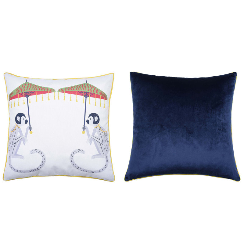Monkey Print and Navy Velvet Double Sided Pillow with Yellow Piping, 24" x 24"