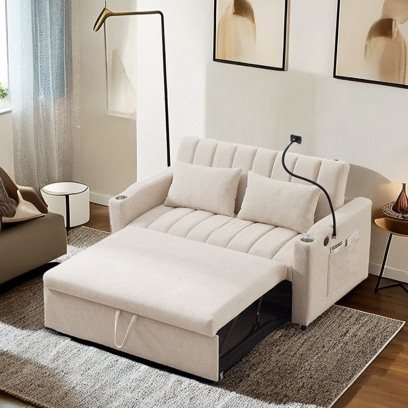 Woodro Convertible Sofa Bed with Three USB Ports, Two Side Pockets, Two Cup Holders and 360° Swivel Phone Holder