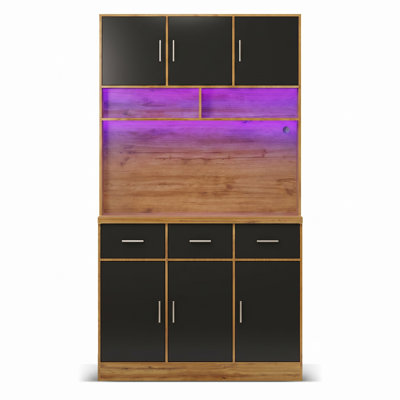 100cm W Large Freestanding Kitchen Cabinet & Microwave Stand with App-Controlled LED & Sockets, Multi-Tier Drawer Pantry Cupboard, Modern Wood
