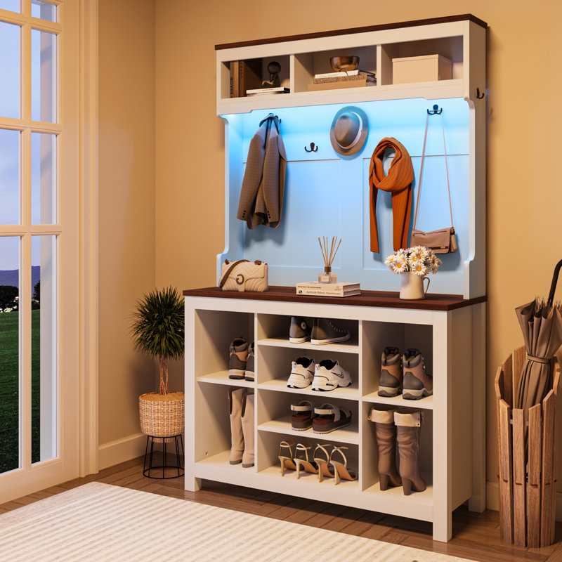 39.4” Wide Farmhouse Style Entryway Hall Tree With Open Shoe Storage, Coat Rack And LED Lights