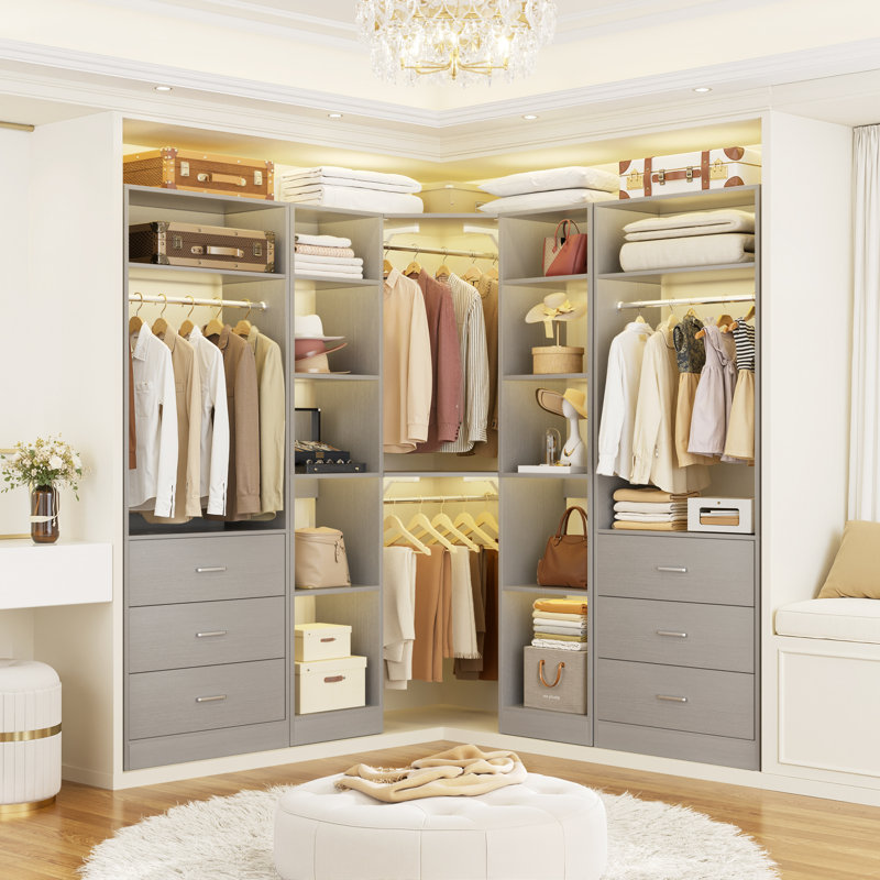 63.2" L X 63.2" W X 80" H Corner Closet System,Freestanding Closet Organizer System With 6 Drawers & 12 Shelves, Gray